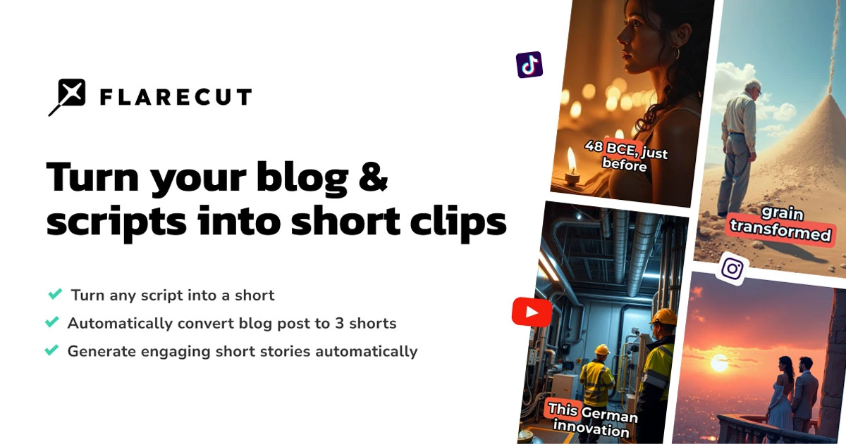 Screenshot of Flarecut, Turn scripts and product ideas into finished vertical shorts